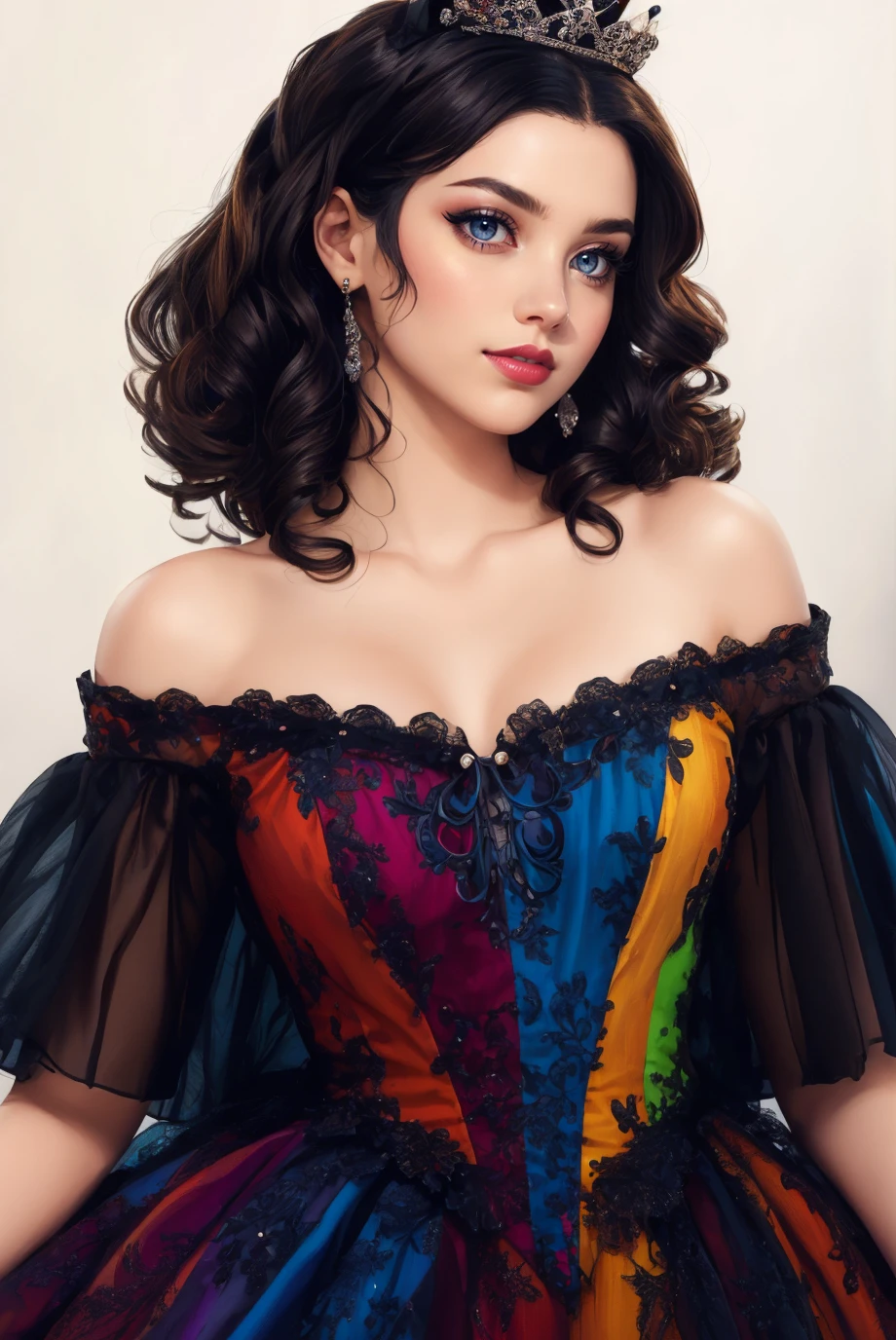 woman, Adult, curvy, looking at viewer, (portrait photo:1.3), (black Classic Taper Cut with Side Part:1.3), b34uty_g0wn_3,long multi colored gradient gown, lace, puffy underskirt, off shoulder, tiara, <lora:b34uty_g0wn_3-15:0.7>, best quality, high detail, high quality, high res, 4k,eyeliner, pouty lips, detailed skin texture, (blush:0.5), white background, smiling