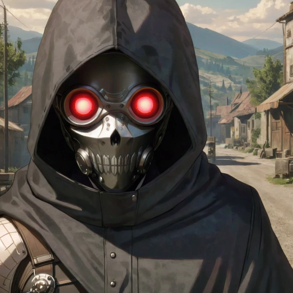 <lora:XL-char_SAO_[D34thGun]-v1-000007:0.8> (d34thgun:1.5), (1boy wearing a cyberpunk skull mask with glowing red eyes:1.4), (full face mask, gasmask, wrapped in bandages, cloak, gun:1.3)(1boy, male focus:1.5) (GS-Masculine:1.5), (masterpiece, top quality, best quality, detailed scenery background, official art, beautiful and aesthetic, extremely detailed, best quality, absurdres:1.3), (detailed natural lighting, depth of field:1.3) (hyperrealistic:1.5), vivid 16k colorful hdr, highest detailed