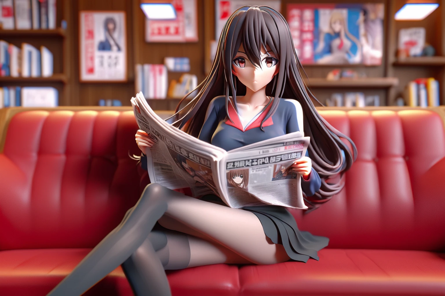 3d, 3d render,3d anime, japanese anime, highly detailed, vibrant, production cinematic, absurdres, highres, woman with very long hair sitting on red sofa reading newspaper wearing miniskirt and pantyhose