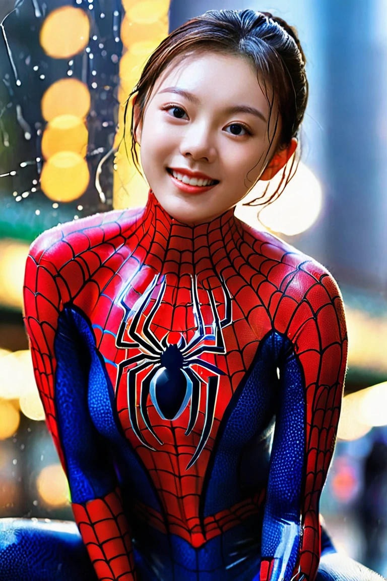 (masterpiece,best quality,ultra high res:1.1),(photo-realistic:1.1),looking at viewer,side_light,bokeh,beautiful face,exquisite face,skin texture,1girl,22yo,
(sweat and pure:1.2),enjoy this wet orgasm,(light_smile:0.1),
<lora:xiaomai_XL_0_:1>,xiaomai,
spider-woman costume, web-patterned suit, spider symbol, comic convention,