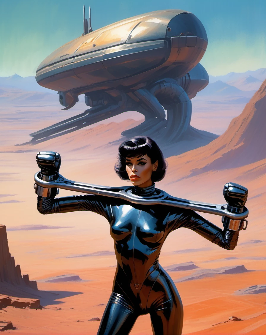 a woman wearing a black scifi latex body suit, leather mittens holding iron bar, strange planet, style of sparth and jim burns,illustration,starship in the distance, <lora:YokeXL V1 - leather mittens holding iron bar:1.0>