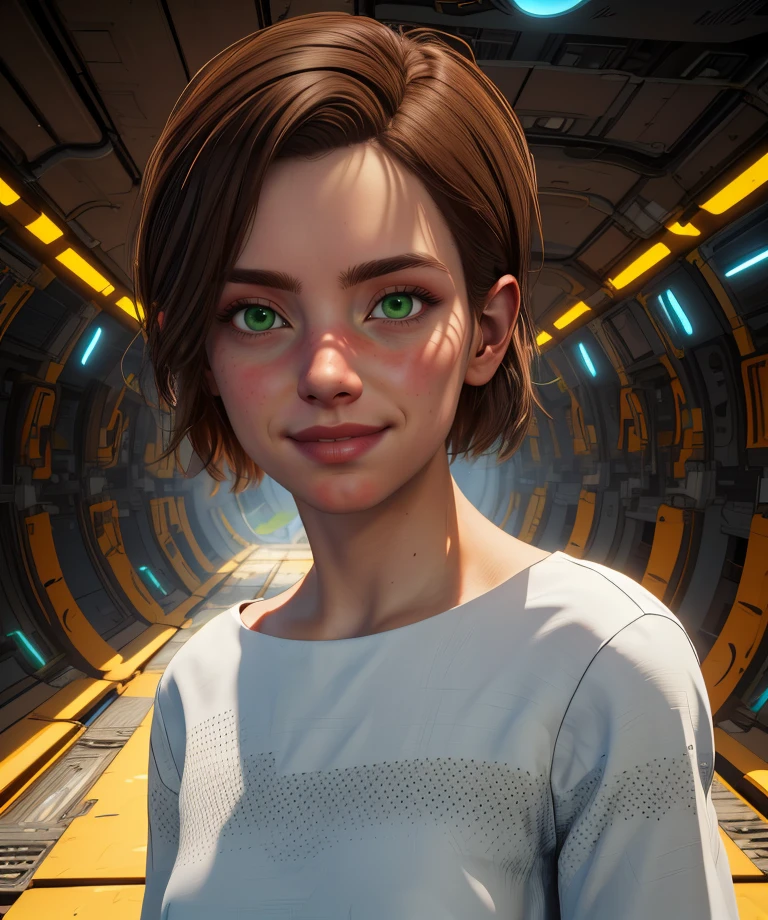 beta,green eyes,brown hair,short hair,
white shirt, light smile,
upper body,standing,
underground bunker,science fiction,tech,
(insanely detailed, beautiful detailed face, masterpiece, best quality),solo,<lora:beta:0.8>,