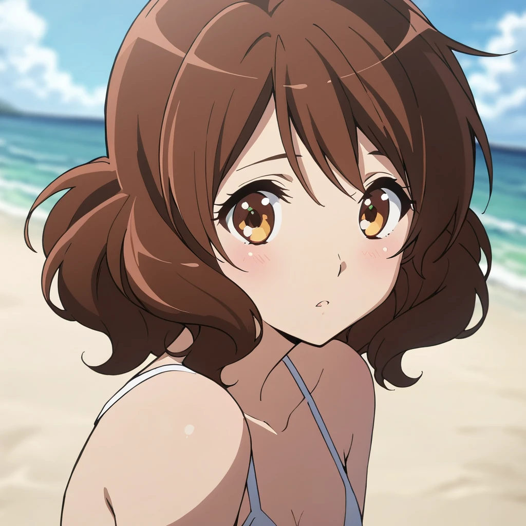 [high quality, best quality], 1girl, solo, oumae kumiko, medium hair, white bikini, looking at viewer, blush, beach, summer, day, sky