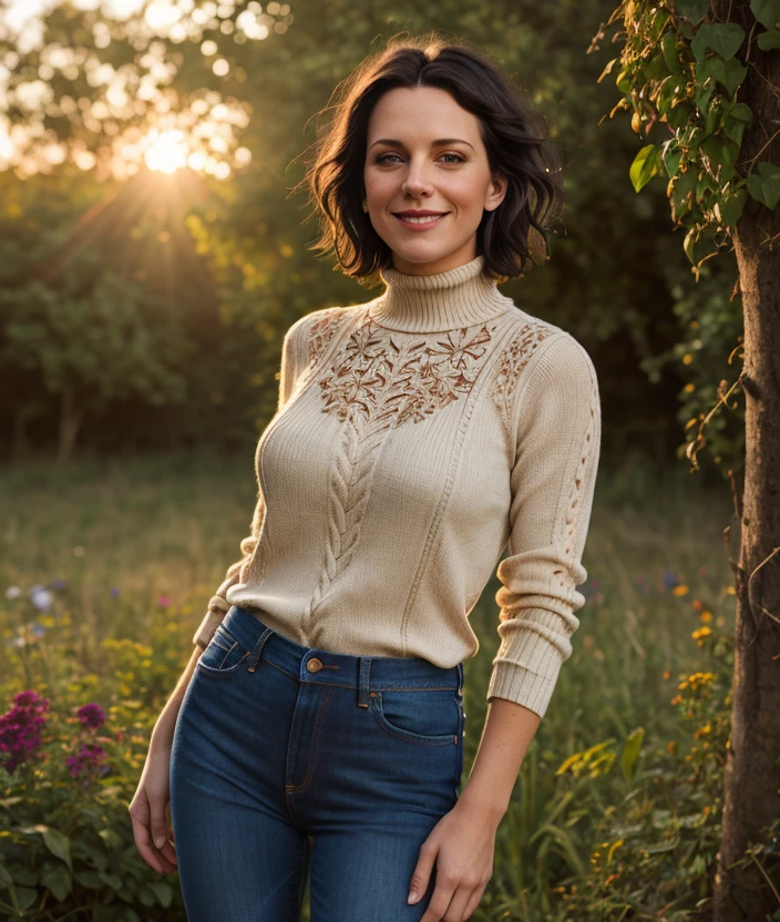 <m1lc3s3>, 1girl, upper body, nature, outdoor, Colorful flowers, undergrowth, warm light, sunset, breast, smile, intricate, (detailed eyes), Jeans, shirt, turtleneck, Short hair