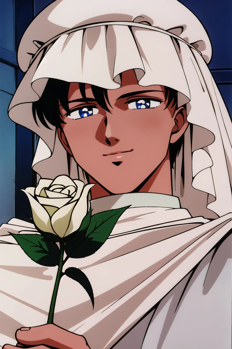 masterpiece,best quality,highres,<lora:Moonlight Knight:0.6>,Moonlight Knight,1990s \(style\),1boy,solo,retro artstyle,looking at viewer,turban,blue eyes,white rose,smile,holding,rose,
