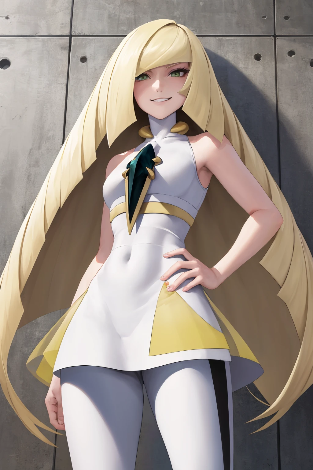 masterpiece, best quality, 1girl, solo, <lora:lusamine-pokemon-richy-v1:1> lusaminedef, very long hair, gem, sleeveless dress, short dress, white leggings, standing, contrapposto, mature female, hand on hip, smirk, looking at viewer, from below, grey background, concrete wall