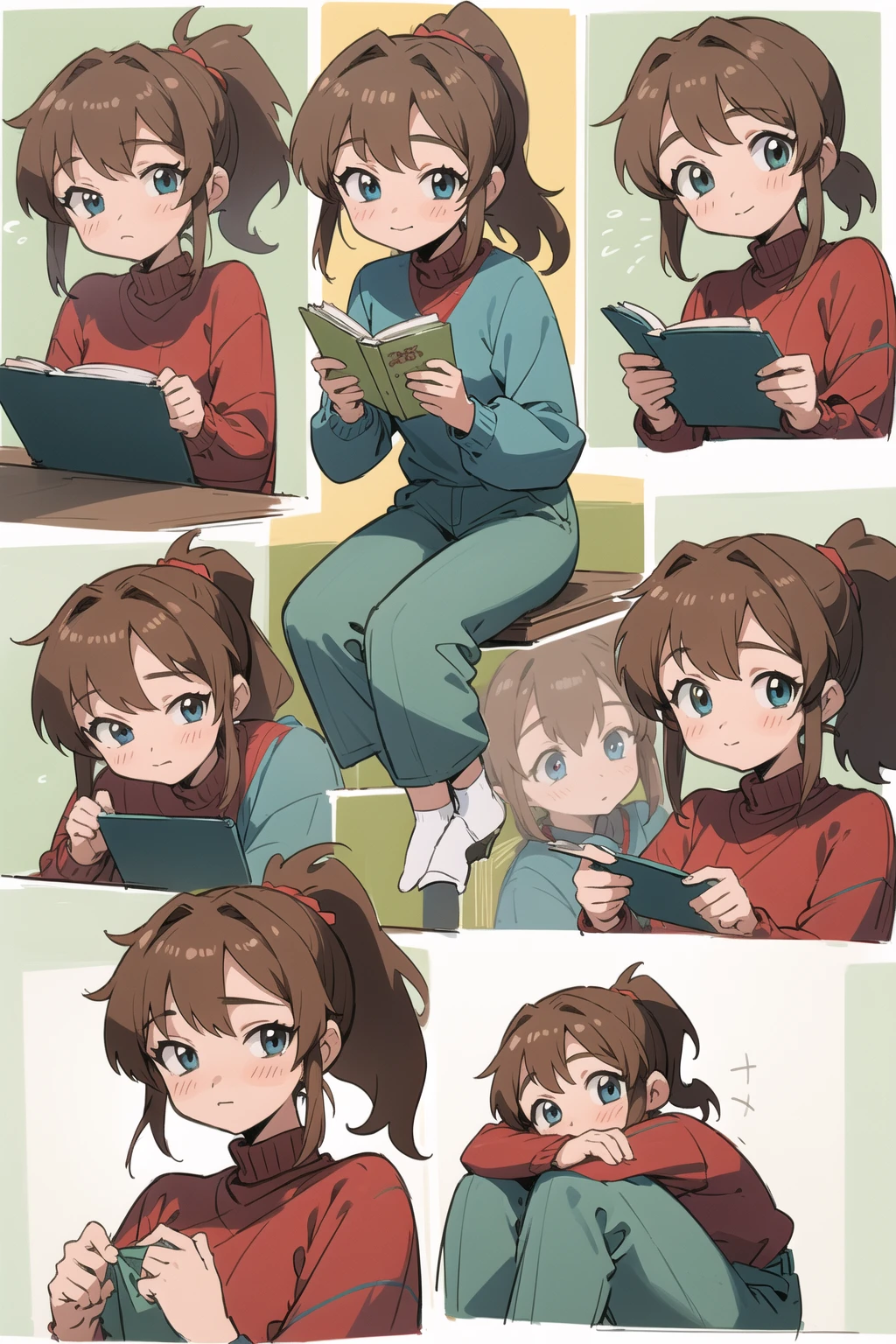 <lora:style05:0.6>,(masterpiece, best quality)), multiple girls, multiple views, comic, koma, border, chibi, simple background, blush, ponytail, in great mood, green trousers, sitting, socks, brown hair, light blue eyes, holding, big book, looking at viewer, red sweater, closed mouth, long sleeves, white socks, restaurant