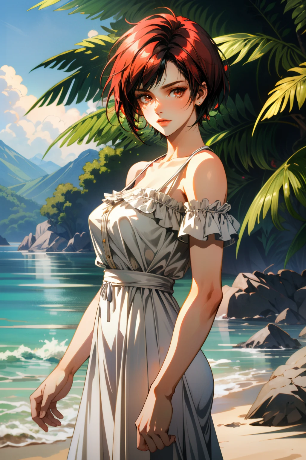 ((ultra detailed, masterpiece, absurdres))
DOAMila, 1girl, short hair, two-tone hair, black hair, red hair, brown eyes, on a tropical island, sundress, palm trees elegant, highly detailed, digital painting, artstation, concept art, smooth, b sharp focus, illustration, art by Krenz Cushart and Artem Demura and alphonse mucha
<lora:DOAMila:0.9>