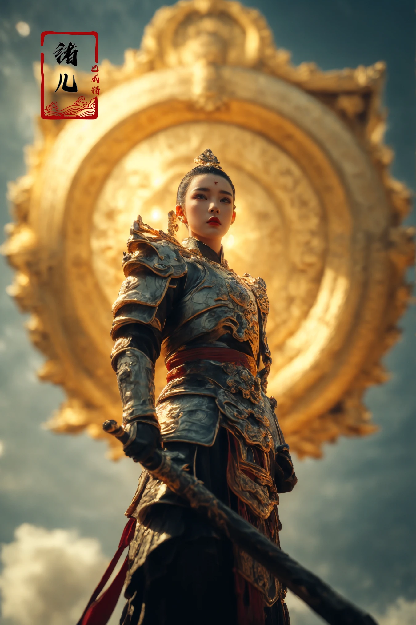 ((masterpiece)),(highres), original, (extremely detailed 8K wallpaper), (beautiful and clear background:1.4), (depth of field:0.5),award winning,(Surrealism:1.5), lens flare,shade, backlighting, depth of field, natural lighting,   hard focus, film grain, photographed with a Sony a9 II Mirrorless Camera, by Laurence Demais,  Dynamic Angle, Perspective, High Point,pov(from below:1.4),
cinematic lighting,ray tracing,3d,3d render,high-precision shadows,close-up,(imid shot,macro shot:1.25),(Detailed face description),(Detailed hair description),(Detailed clothes description),
xuer Ancient Chinese armor,  shoulder armorholding weapon, (full body:1.2), A mature facesideways glance, (cold attitude,eyeshadow,eyeliner:1.1),(red lips:1.3),watery eyes,
A shot with tension(sky glows blue,Visual impact,giving the poster a dynamic and visually striking appearance:1.2),Chinese Zen style,impactful picture,
<lora:~Q?-N-Vu2 xuer Ancient Chinese armor:0.8>