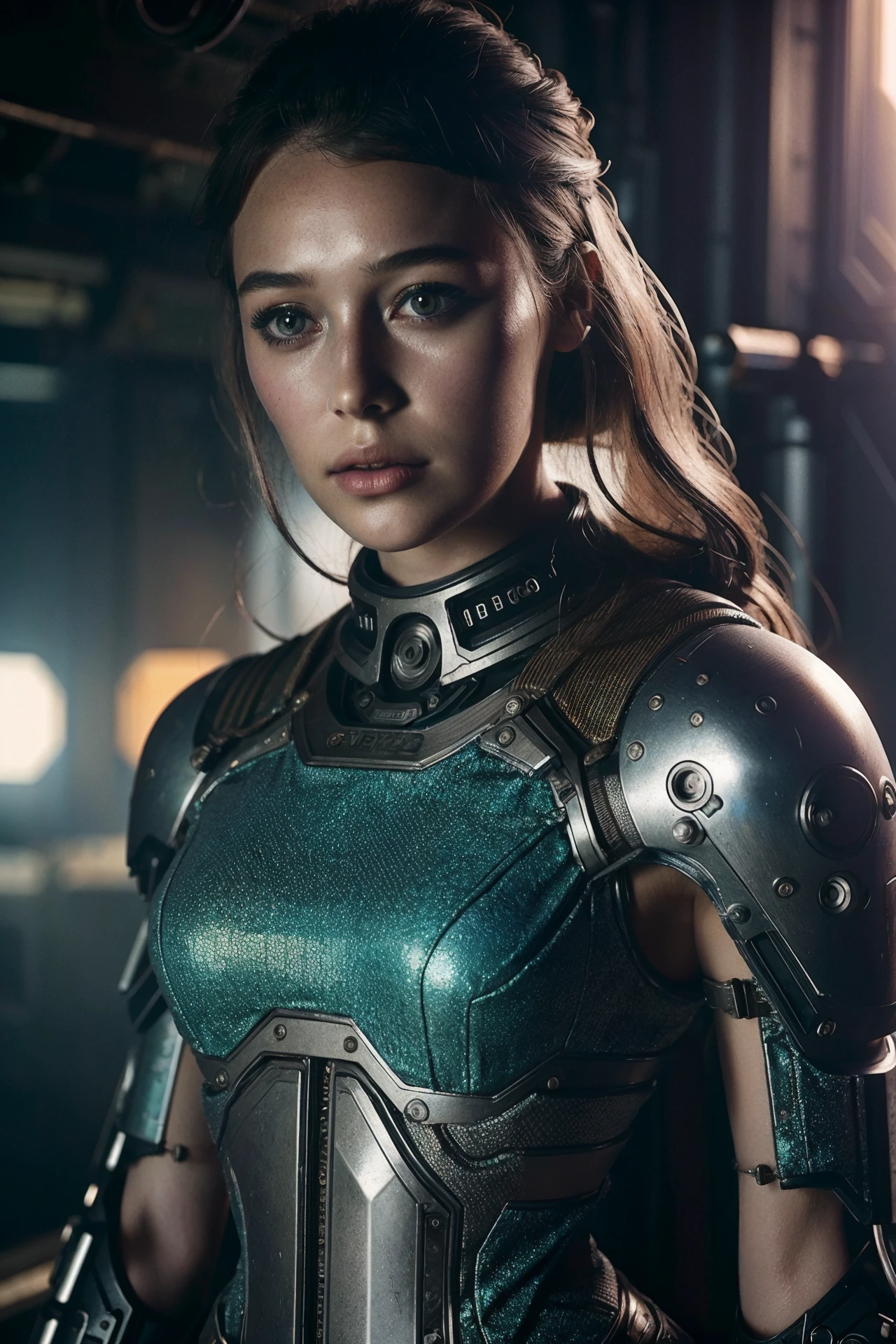 a young woman, postapocalypse, cyborgdiffusion, (retrofuturism), steampunk, silky skin, ((full body height)), (skin texture:1.2), (high detailed skin:1.3), ambient smoke, haze, (photorealism), (hyperrealism), cinematic, grain of old film, 8k uhd, dslr, hdr, retro color <lora:Alycia_Debnam-Carey_v2_640x960:0.85>