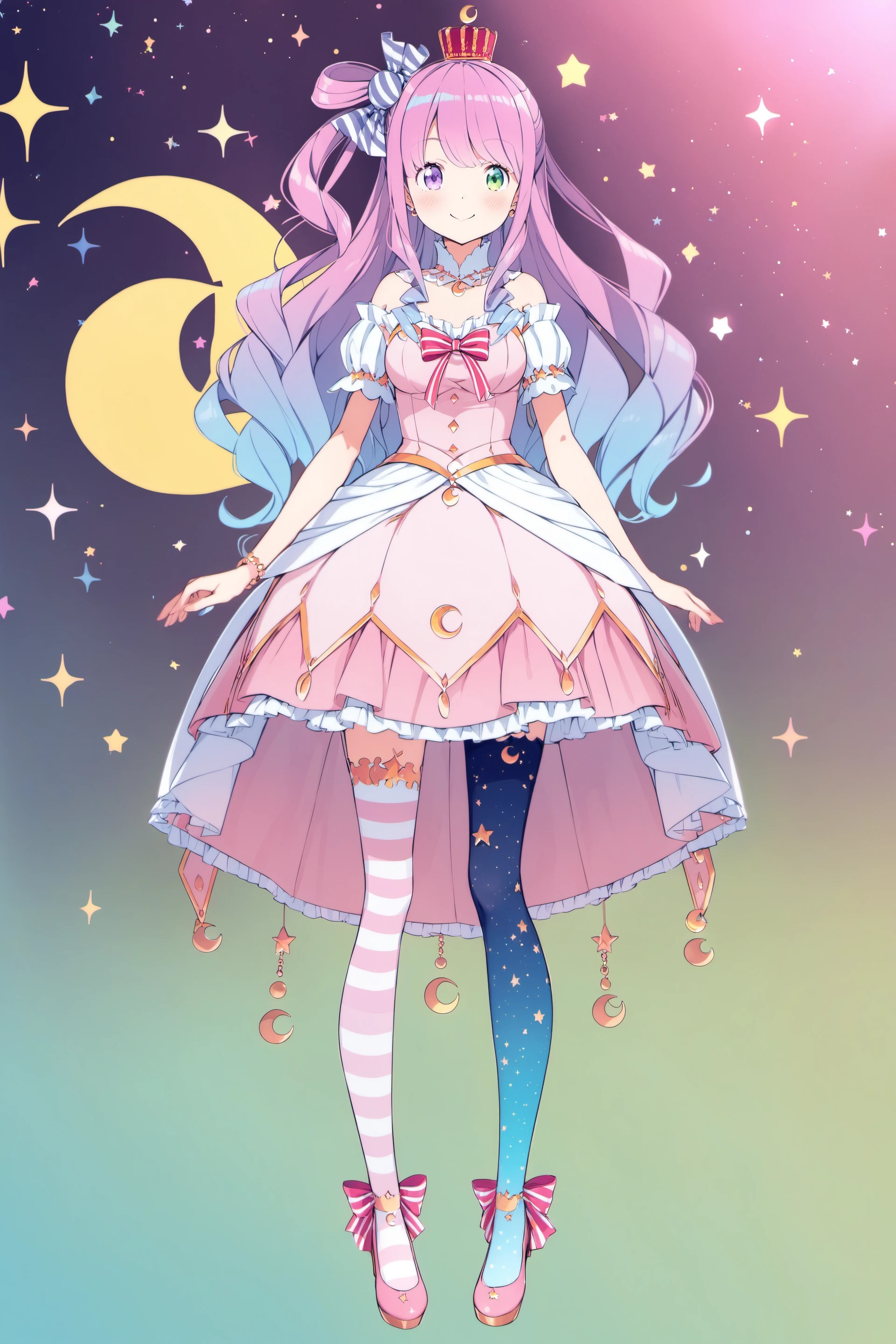 1girl, virtual youtuber, himemori luna, solo, jewelry, heterochromia, thighhighs, crown, single hair ring, smile, bracelet, pink hair, hair ornament, food-themed hair ornament, long hair, candy hair ornament, striped, asymmetrical legwear, multicolored hair, full body, mismatched legwear, gradient hair, dress, hair rings, high heels, green eyes, vertical-striped thighhighs, crescent, purple eyes, vertical stripes, looking at viewer, short sleeves, breasts, standing, puffy short sleeves, puffy sleeves, striped thighhighs, bangs, mini crown, pink dress, zettai ryouiki, gradient, shoes, skirt, closed mouth, bow, detached collar, gradient legwear, purple hair, blue thighhighs, princess, crescent earrings, star print, wavy hair, medium breasts, blue hair, one side up, blush, frills, star (symbol), <lora:Kanzaki Hiro_XL:0.8>