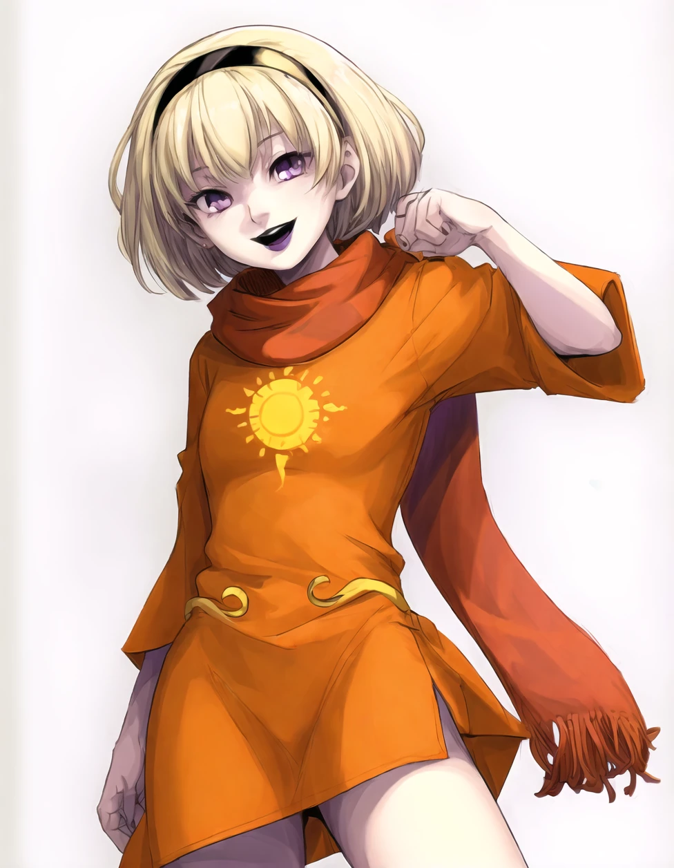 rosegdtr <lora:rosegdtr:1>, sun symbol, 1girl,solo,looking at viewer,smile,short hair,open mouth,shirt,purple eyes,blonde hair,hairband,scarf, (simple background, white background), orange dress, orange shirt, <lora:more_details:0.7>, black lips, parted lips, standing, wide hips, legs