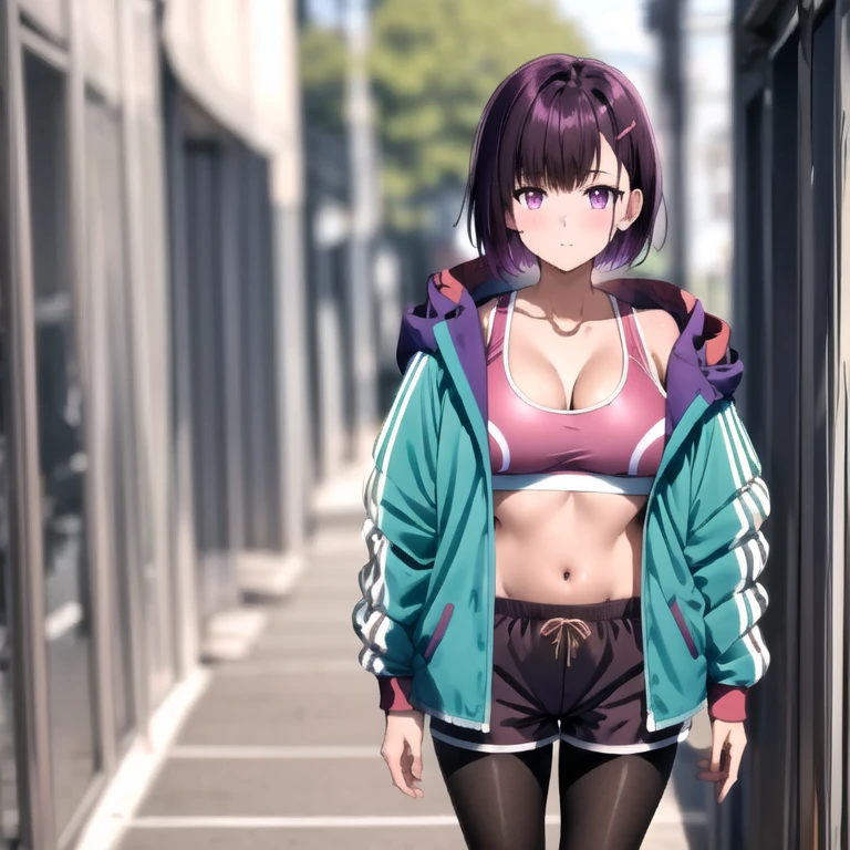 high resolution , best image quality,1girl, bangs, black legwear, blurry, blurry background, blurry foreground, breasts, brown hair, cleavage, closed mouth, collarbone, cowboy shot, depth of field, gym, hair ornament, hairclip, jacket, large breasts, legwear under shorts, long sleeves, looking at viewer, midriff, mole, mole under eye, navel, open clothes, open jacket, outdoors, pantyhose, photo background, shirt, short hair, short shorts, shorts, solo, sports bra, standing, stomach, taut clothes, purple hair <lora:shizuki_LORA:1>