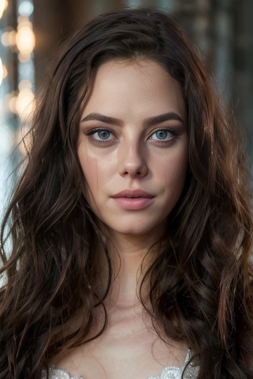 (best quality,ultra-detailed,highres,portrait:1.2),beautiful detailed green eyes, beautiful detailed blue eyes, beautiful detailed face, long blue hair with waves, elegant and stylish, mix between a Swedish and Italian, 25-year-old brunette girl, wearing fashionable earrings, captivating expression, natural makeup, glowing skin, soft and dreamy lighting, colorful and vibrant background, artful portrait, professional studio photography