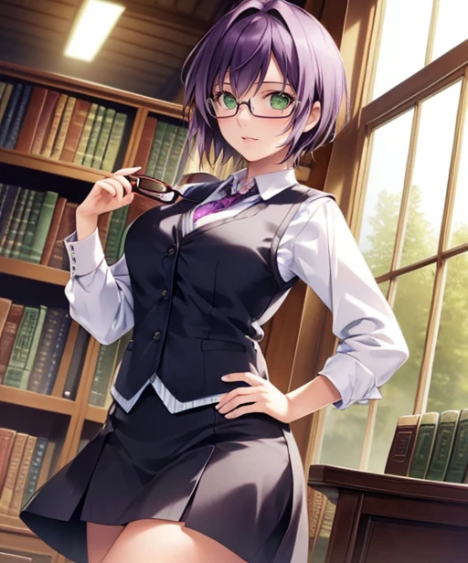 (adult woman), (1girl, solo), (looking at viewer), (vest, tie), (glasses), (purple hair, short hair), (green eyes), ((inside, library)), (window), (best quality, high detail), ((masterpiece)), <lora:1_mikeou_12e:1>
