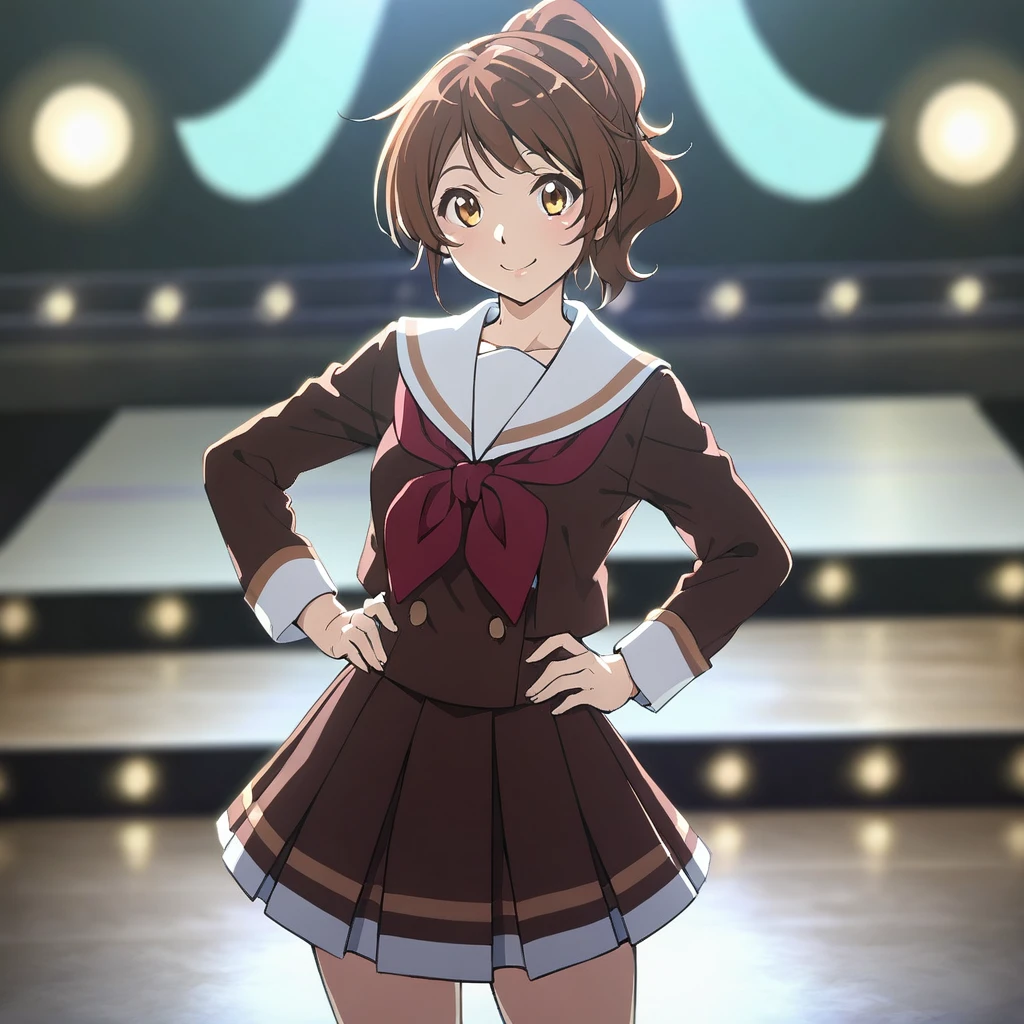 [high quality, best quality], 1girl, solo, oumae kumiko, winter uniform, ponytail, hands on hip, looking at viewer, confident, smile, standing, musical stage