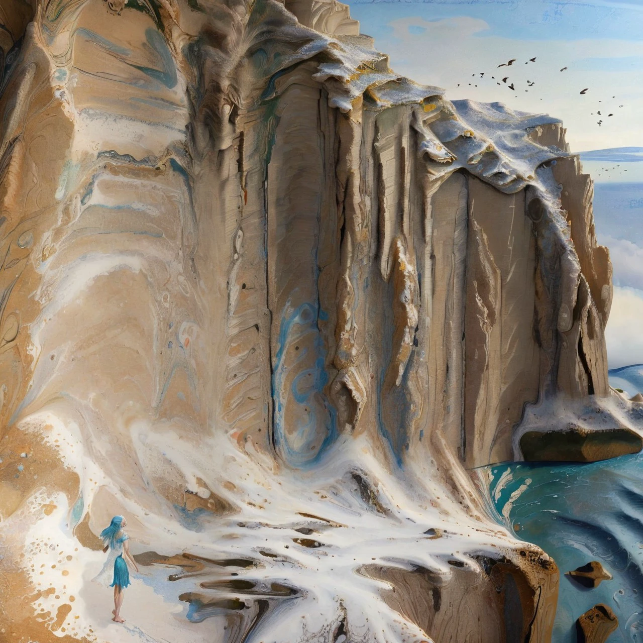(xlomrblng:0.8) Expressionism, magnificent ethereal female elf climbing seaside chalk cliffs, hundreds of birds in the distance, (gold-tinted:0.5), very detailed, intricate, (snowing:1.21) <lora:xlomrblng:1>