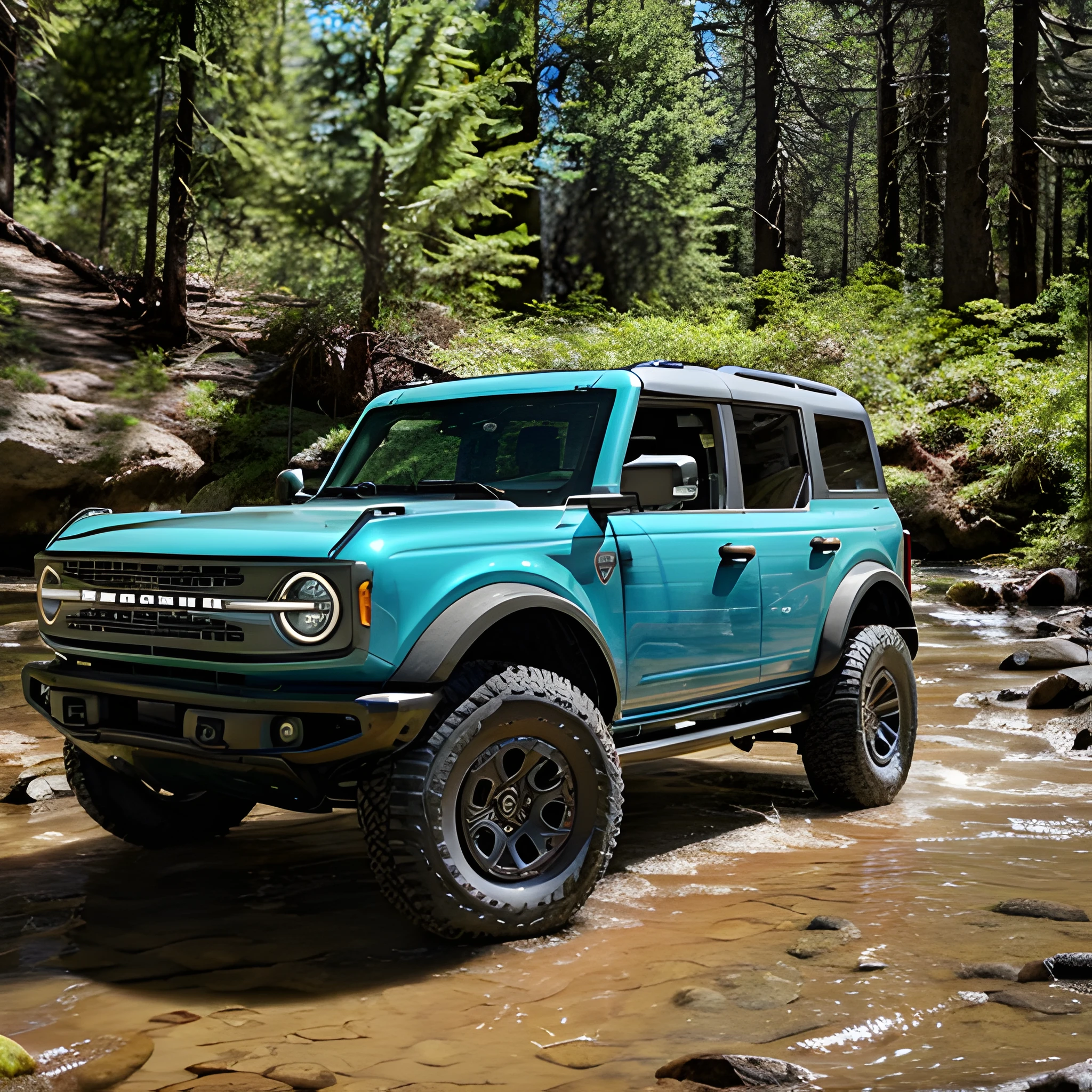 (close-up)++, ford bronco, parked in a stream, in the deep forest, highly detailed, ultra quality, masterpiece, sharp focus, smooth, intricate details, 8k UHD, photo-realistic, atmospheric, epic