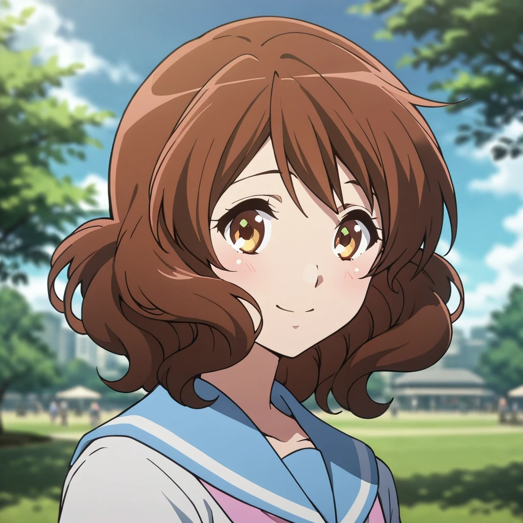 [high quality, best quality], 1girl, solo, oumae kumiko, summer uniform, medium hair, looking at viewer, smile, blush, park, outdoors, day, sky, cloud