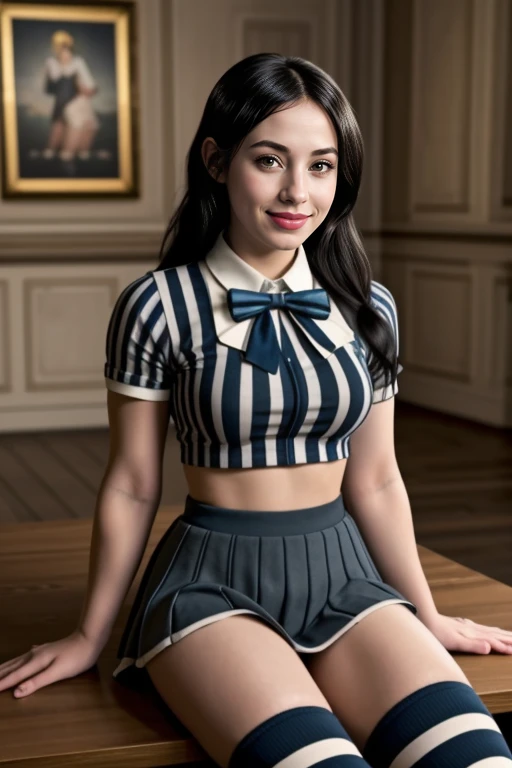 ((Masterpiece, best quality, cinematic lighting, 8k, full body shot, long hair)), (smile:0.85), (realistic background)
<lora:Striped_Top_Skirt_By_Stable_Yogi:1.2> black striped shirt, striped pleated miniskirt, bowtie, striped socks, shoes