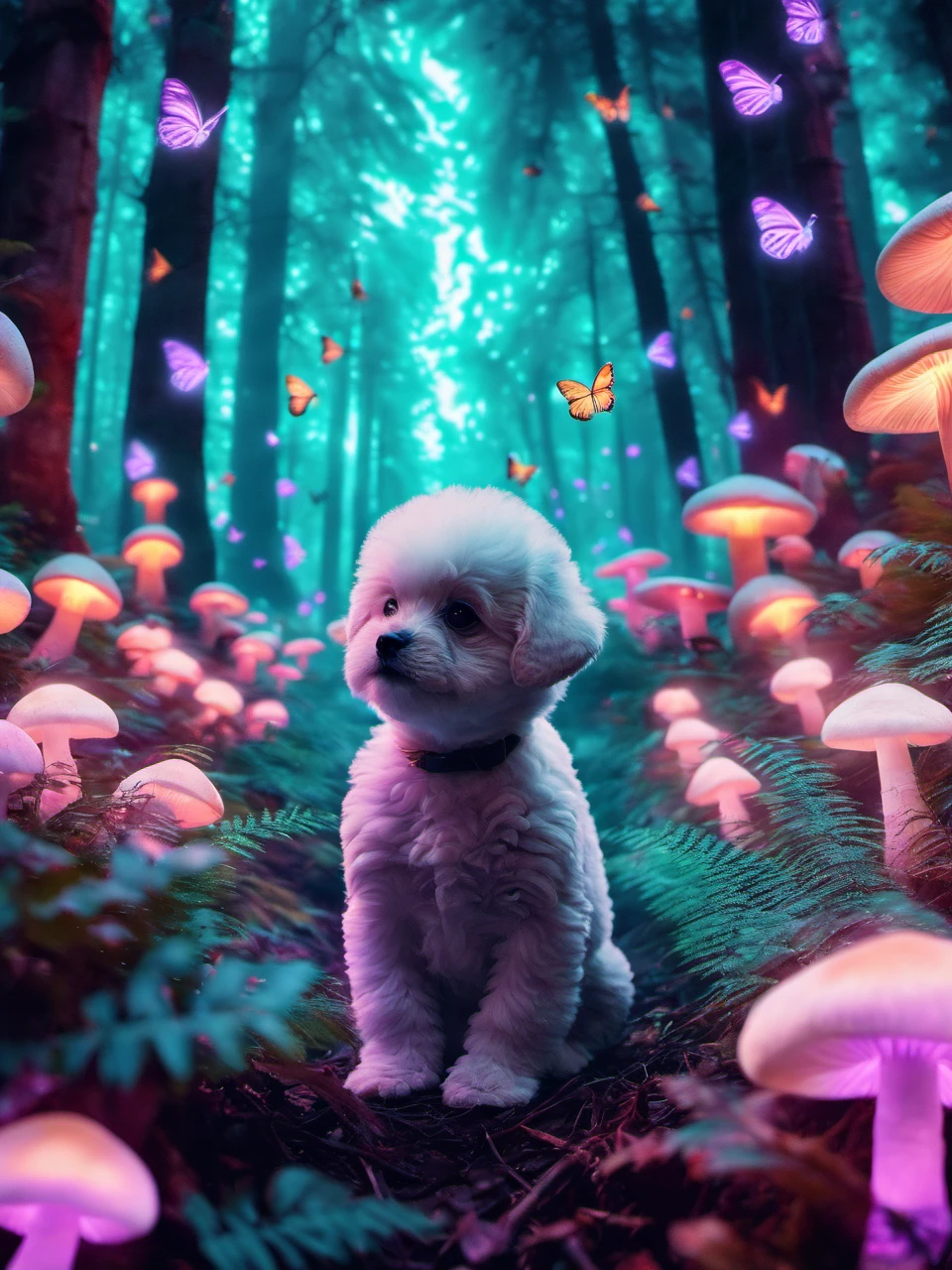 pet portrait of 1 chubby bichon puppy facing camera in a glowing forest with glowing mushrooms and glowing butterflies, hd, pet photography, full body portrait, distant portrait  <lora:glowing_forest_pet_portrait-000004:1>