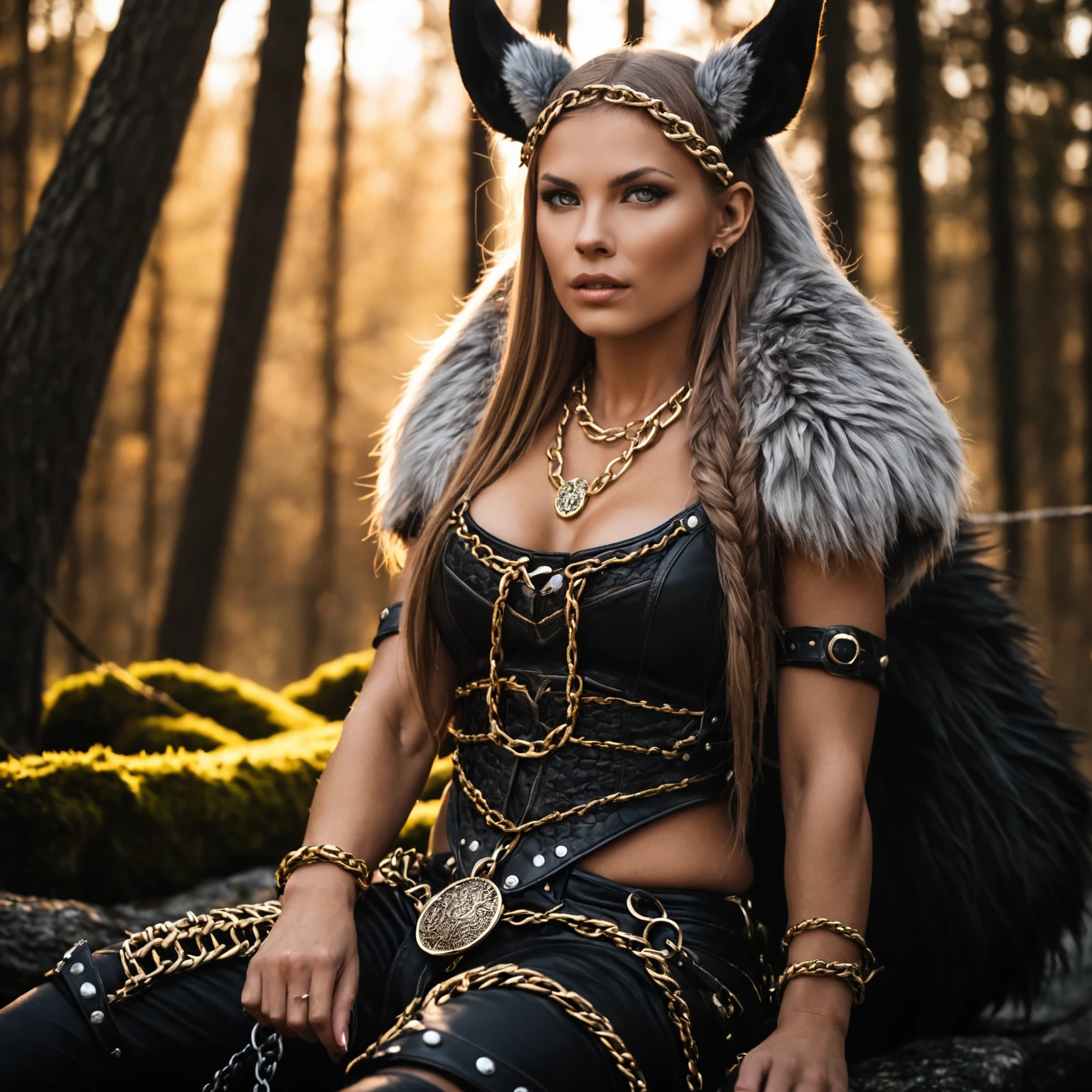 Epic closeup photo insane details of Fenrir wolf chained with a glowing chain, an 25 years old viking woman in a nordic outfit is sitting on his back Fenrir
, undefined