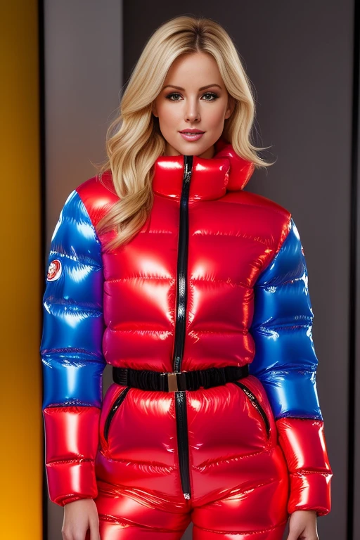 (Kelly Bundy.) She is dressed in a fashionable, colorful, shiny and glossy puffer down outfit. Yoked. The lighting is soft, highlighting her features and emphasizing the glossy texture of her clothes., A stunning portrait of a young European woman with blonde hair, radiating elegance and beauty. Cinematic lighting, very cold, high resolution, winter fashion, realistic shading, digital painting, artstation, high closed, tempting, , by moncler, ((down outfit by pyrenex, by parkasite, by superdry)), <lora:Parkasite_v1:1>