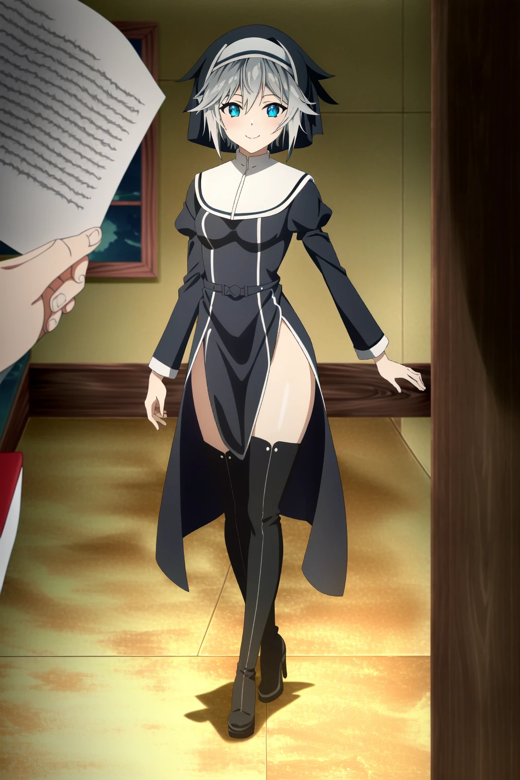 anime style girl 1,70 long light gray hair gray skin shark teeth and gray eyes and light gray pupils very thick and strong legs thick thighs, but without breasts (it's flat chest) posing to see her clothes in a classroom while wearing a very long black hooded cape that trails on the ground with the hood up a black full body leotard a short black schort with black boots