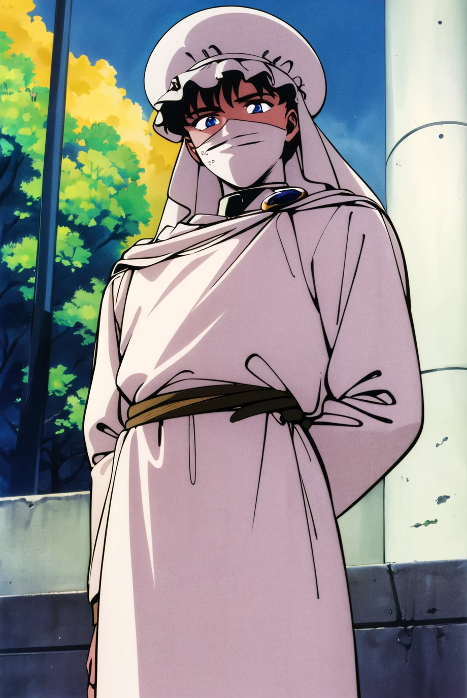 masterpiece,best quality,highres,<lora:Moonlight Knight:0.6>,Moonlight Knight,1990s \(style\),1boy,solo,retro artstyle,looking at viewer,turban,blue eyes,mouth mask,cowboy shot,street,smile,