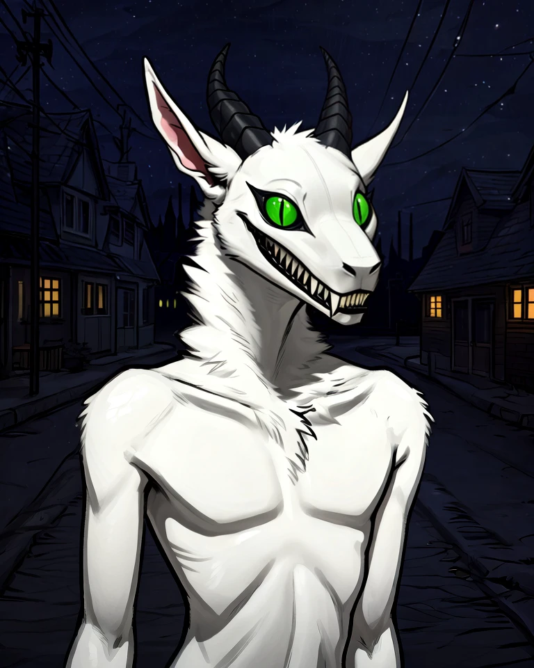 [by dacad | by stalvelle], colored sketch, outline, digital media \(artwork\), outline, flat colors, solo, anthro, male, (detailed background:1.2), (synx:1.1), <lora:synx-v11-d04-vp-e30:1.0> green eyes, (slit pupils:1.2), no sclera, long ears, prick ears, ears forward, fluffy, neck tuft, toothy grin, smile, (white body:1.1), sharp claws, (long claws:0.8), black claws, 5 fingers, 2 horns, black horn, ridged horn, skinny, (straight horn:1.1), sharp teeth, black lips, glistening lips, nude, bust portrait, (night, dark, darkness:1.2), (shadow:1.1), outside
