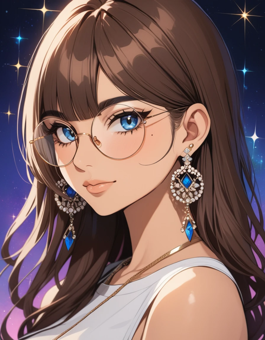 1girl, solo, glasses, round eyewear, jewelry, earrings, portrait, sparkle, brown hair, looking at viewer, blue eyes, mole, long hair, piercing, , masterpiece, best quality, ((mia khalifa))