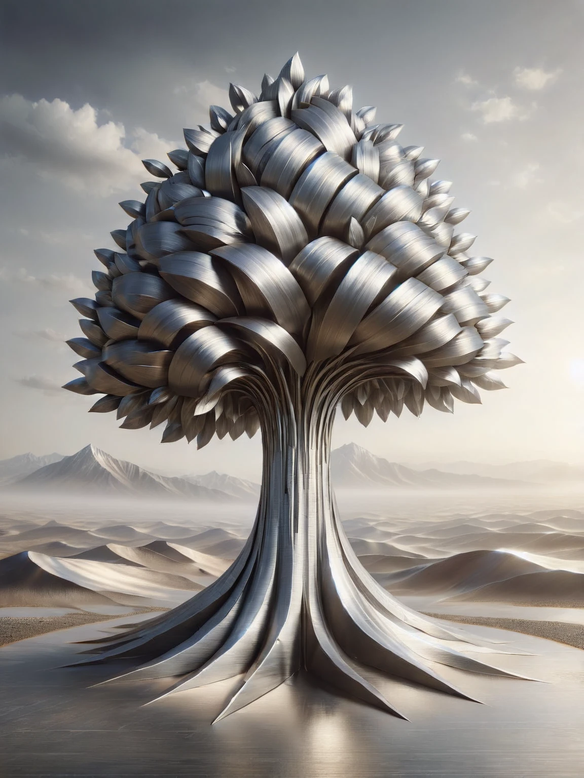 A single, towering ais-steelz tree standing on a barren plain, symbolizing resilience and strength, the sun rising over distant mountains <lora:Brushed_Steel_Style_SDXL:1>