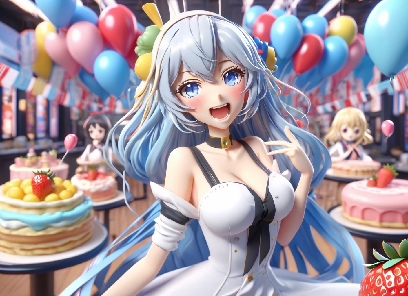 3d, 3d render,3d anime, japanese anime, highly detailed, vibrant, production cinematic, absurdres, highres, 3girls animal back_bow balloon black_gloves blonde_hair blue_bow blue_dress blue_eyes blue_hair blunt_bangs bottle bow braid butterfly_hair_ornament cake closed_eyes confetti dress dutch_angle elbow_gloves flower food fruit gloves hair_flower hair_ornament hands_up holding holding_animal indoors light_blue_hair long_hair long_sleeves multiple_girls official_alternate_costume official_alternate_hairstyle open_mouth otter own_hands_together partially_fingerless_gloves party_popper pennant puffy_long_sleeves puffy_sleeves romper scarf smile strawberry strawberry_cake streamers string_of_flags thighhighs twin_braids white_dress white_hair white_romper white_scarf white_thighhighs yellow_eyes zettai_ryouiki