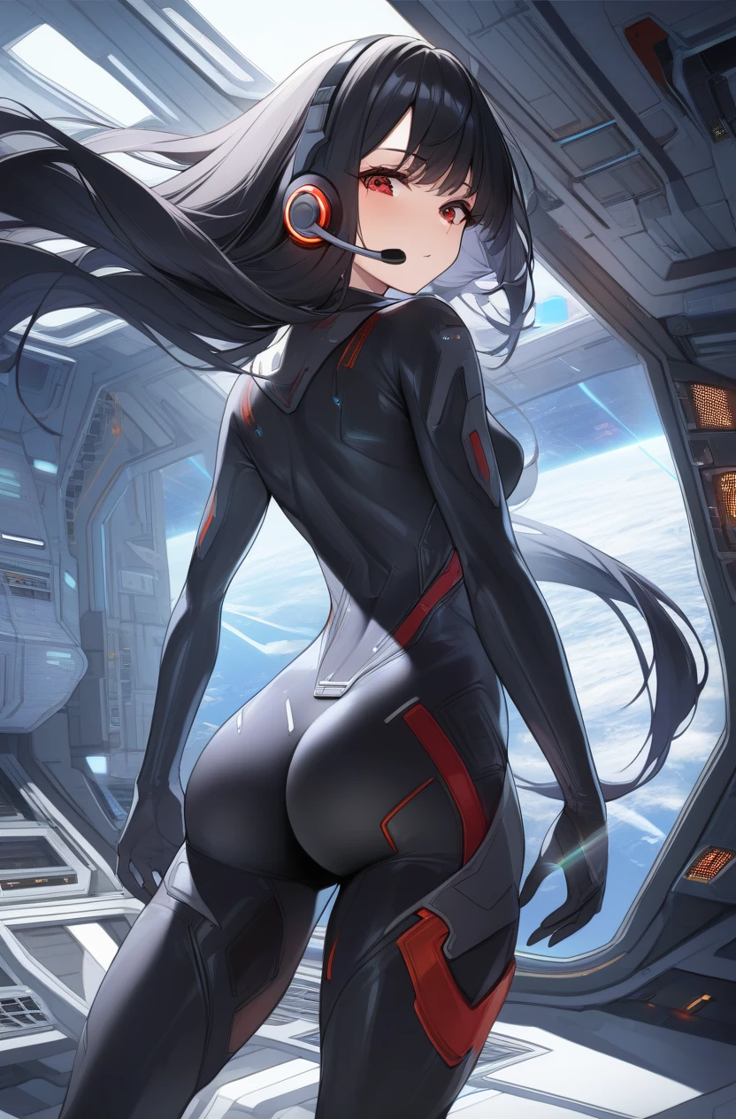 1girl, long hair, red eyes, black hair, bodysuit, science fiction, spacecraft interior, floating hair, headset, from behind, looking back, masterpiece,