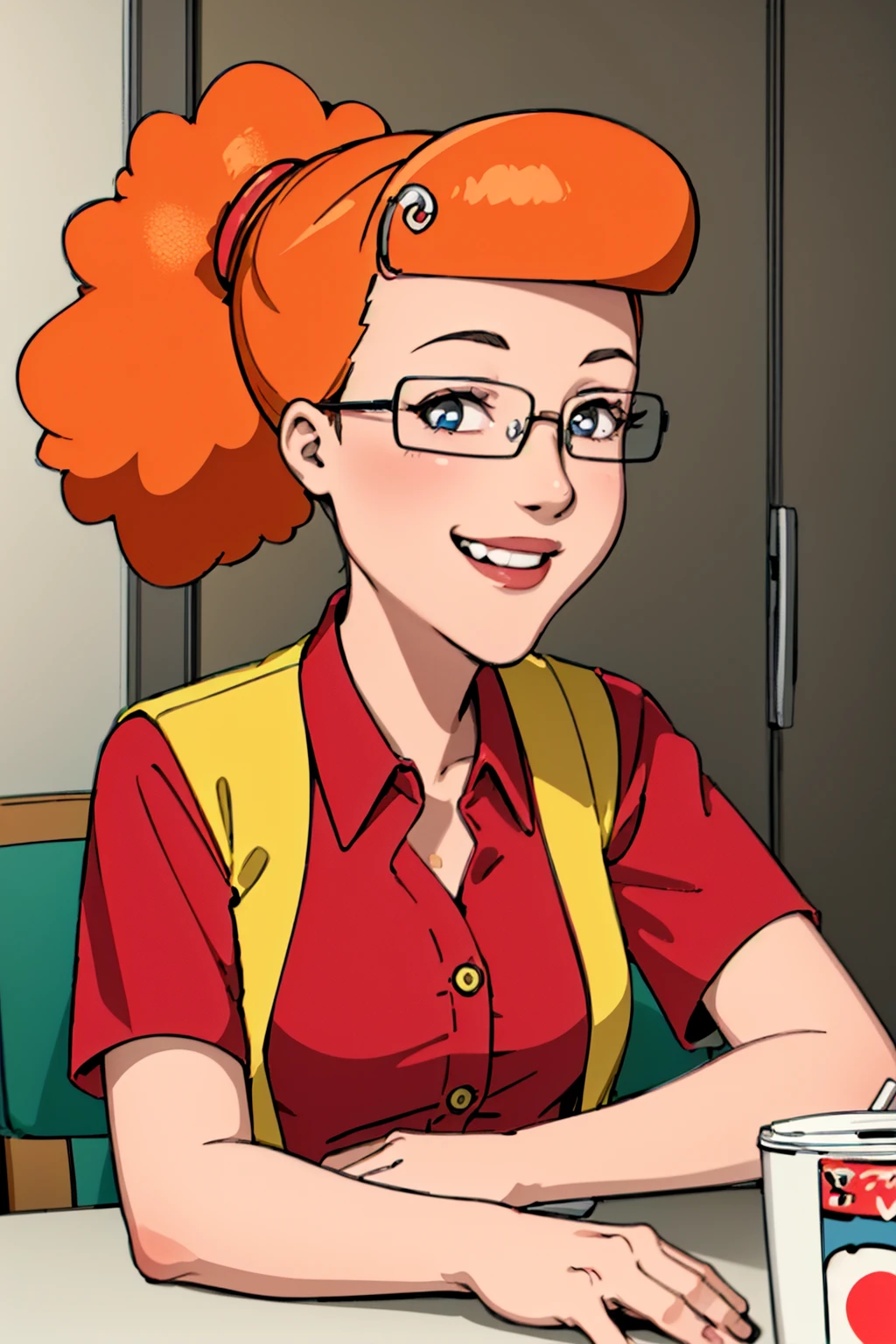 patty, solo, 1girl, glasses, orange hair, ponytail, red shirt,yellow vest, breasts, smile,looking at viewer, smile, <lora:pattyp2-000008:0.6>