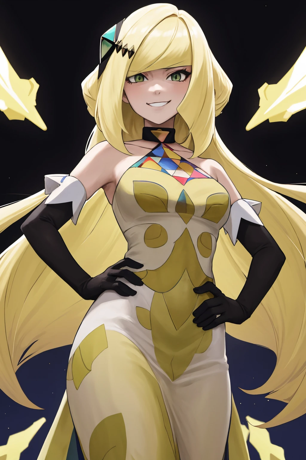 masterpiece, best quality, 1girl, solo, <lora:lusamine-pokemon-richy-v1:1> lusaminesyg, green eyes, hair ornament, sygdress, halterneck, black gloves, elbow gloves, smirk, from below, hands on hips, mature female