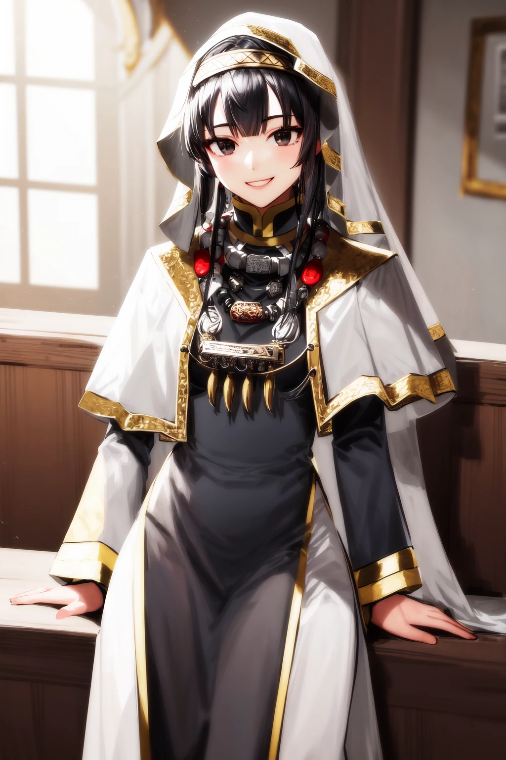 masterpiece, best quality, highres, 1girl black eyes, kafna uniform jewelry, smile <lora:sedona_bleu:1>