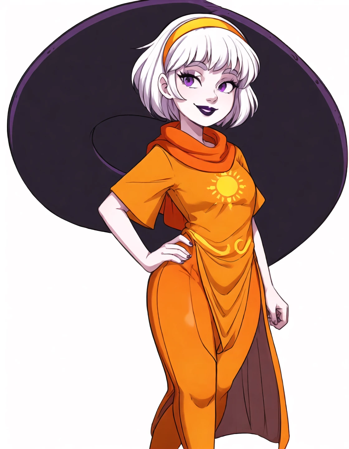 rosegdtr <lora:rosegdtr:0.9>, (curvy adult woman), sun symbol, 1girl,solo,looking at viewer,smile,short hair,shirt,purple eyes,blonde hair,hairband,orange scarf, (simple background, white background), orange dress, orange shirt, <lora:more_details:0.7>, black lips, parted lips, standing, wide hips, legs, pelvic curtain, thick thighs