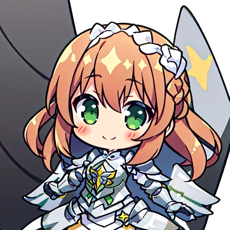 1girl, smile, blush, brown hair, green eyes,lan erma-s1, armor, braid, hair accessories, chibi