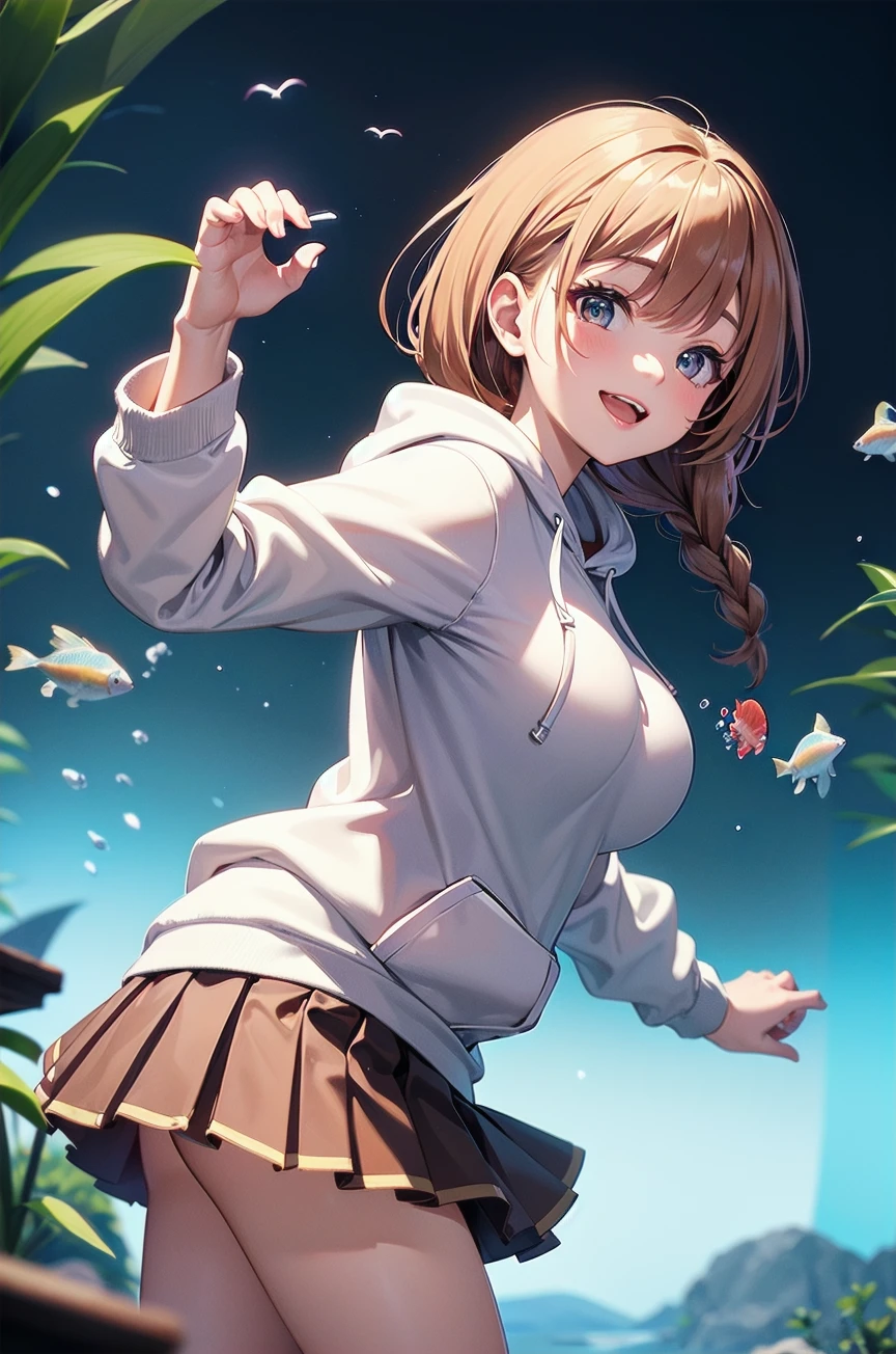 1girl,braids,((white),(hoodie)),(mini pleated skirt),huge breasts,happy,heart,aquarium,from_side,looking_up,available light,
32K,16K,4K,8K,best quality,masterpiece,ultra high res,professional lighting,physically-based rendering,(beautiful background illustration),