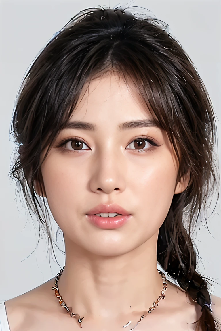 (masterpiece, top quality, best quality, (close-up photograph: 2), ((1girl)), korean, fair skin, (extremely detailed face), ((looking at viewer)), ((((ultra-detailed eyes and pupils)))),((((ultra-detailed lips)))) cheekbone, plump cheeks, ((bare pectorals)), ((bare chest)), ((tube dress)), bare head, ((bare shoulders)), symmetrical frame, (((strapless))), ((closed lips)), (((smile))), ((symmetrical pose)), (symmetrical face: 1.6), 35mm, ((((minimal plain white background)))), ((no lighting)), long hair, no watermark, ((medium hair)), <lora:chaixinew:0.7>