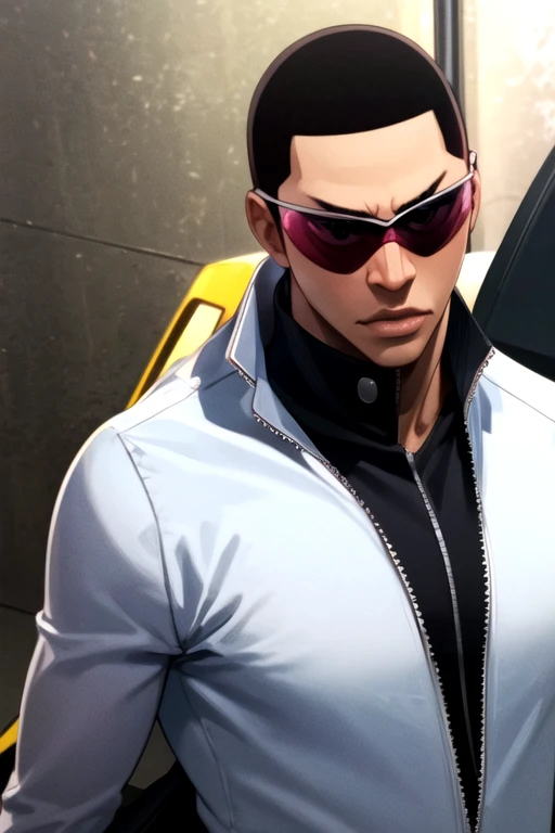 photorealistic, (4k), depth of field, (Masterpiece), (realistic skin texture), extremely detailed, intricate, hyper detailed, high resolution, professional photography, , depth of field, sharp detail, best quality, , 1boy, solo, male focus, <lora:shingo_kinjou:0.88>, shingo_kinjou, black hair, black eyes, sunglasses, buzz cut, conductor costume, science fiction alternate history,
