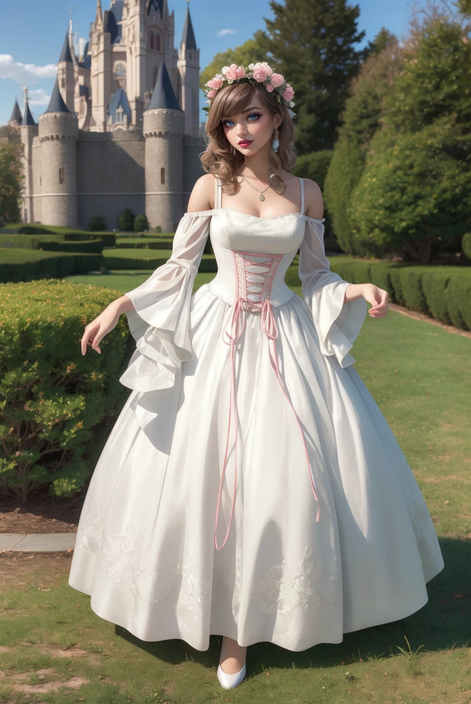 woman, Adult, looking at viewer, (full body photo:1.3), (Side Swept Bangs:1.1), b34uty_g0wn_1, brocade long white gown, pink corset lace, puffy underskirt, cutout shoulders, gems, necklace, floral headpiece, <lora:b34uty_g0wn_2:0.6>, best quality, high detail, high quality, high res, 4k,eyeliner, pouty lips, detailed skin texture, (blush:0.5), castle background, ((very tiny waist)), smiling