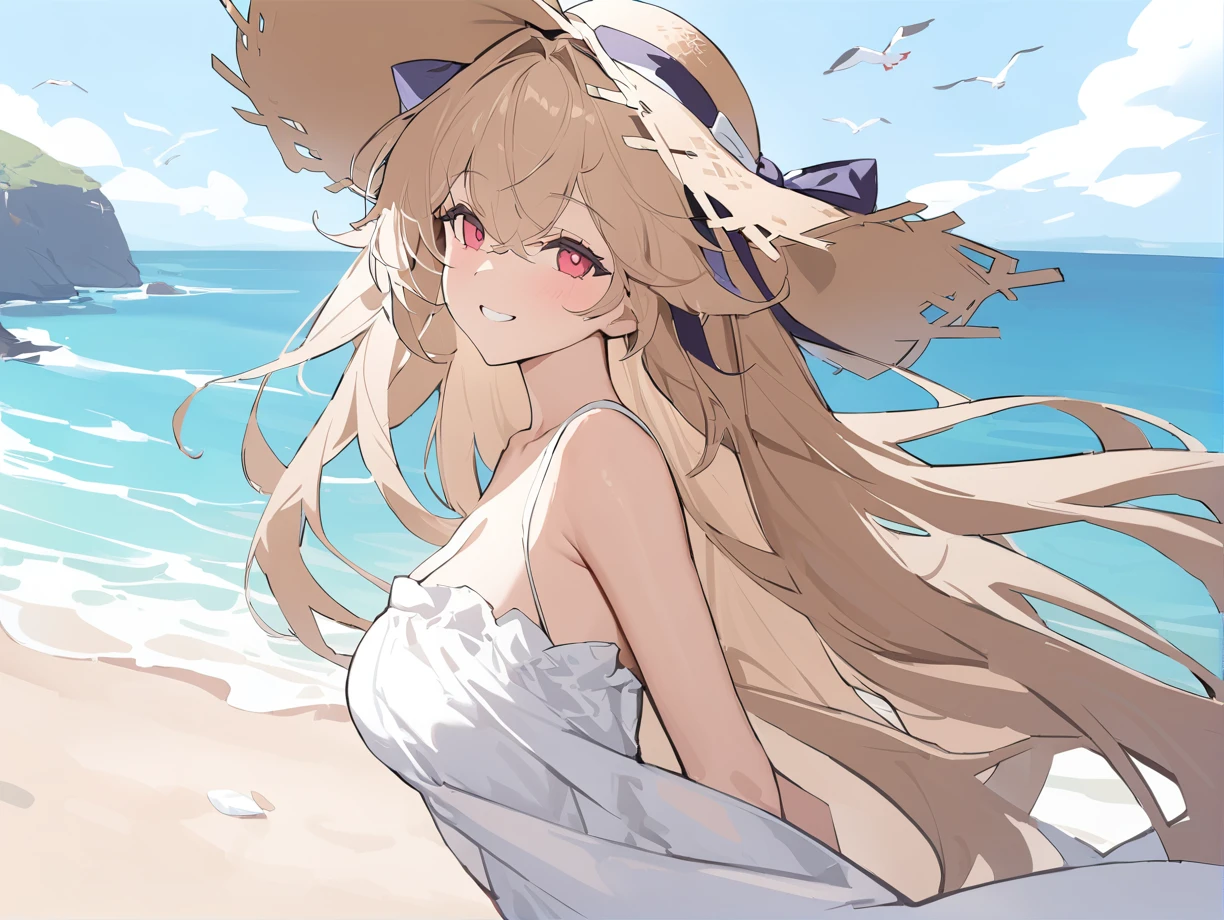 <lora:anchorage_XL_v1.0:0.8>,anchorage_\(azur lane\),white dress, from side, straw hat,seaside,wind, looking at viewer, smile, seagull,, masterpiece, best quality,