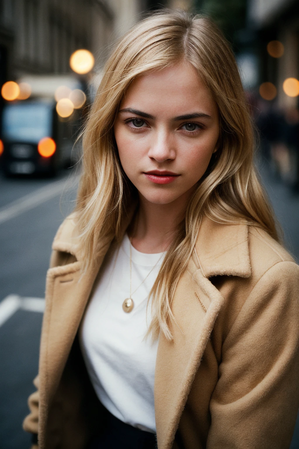 photo of fit (emw1ckersham-130:0.99), a beautiful woman, perfect blonde hair, smiling, (modern photo), (Hair Brown coat and long sleeve shirt), closeup portrait, 85mm, (analog, cinematic, film grain:1.3), (A bustling, old-world London street:1.1), detailed eyes, seductive pose, painted lips, (epicPhoto), (looking at viewer:1.1), jewelry, (cinematic shot:1.3), (natural lighting, lit from above)