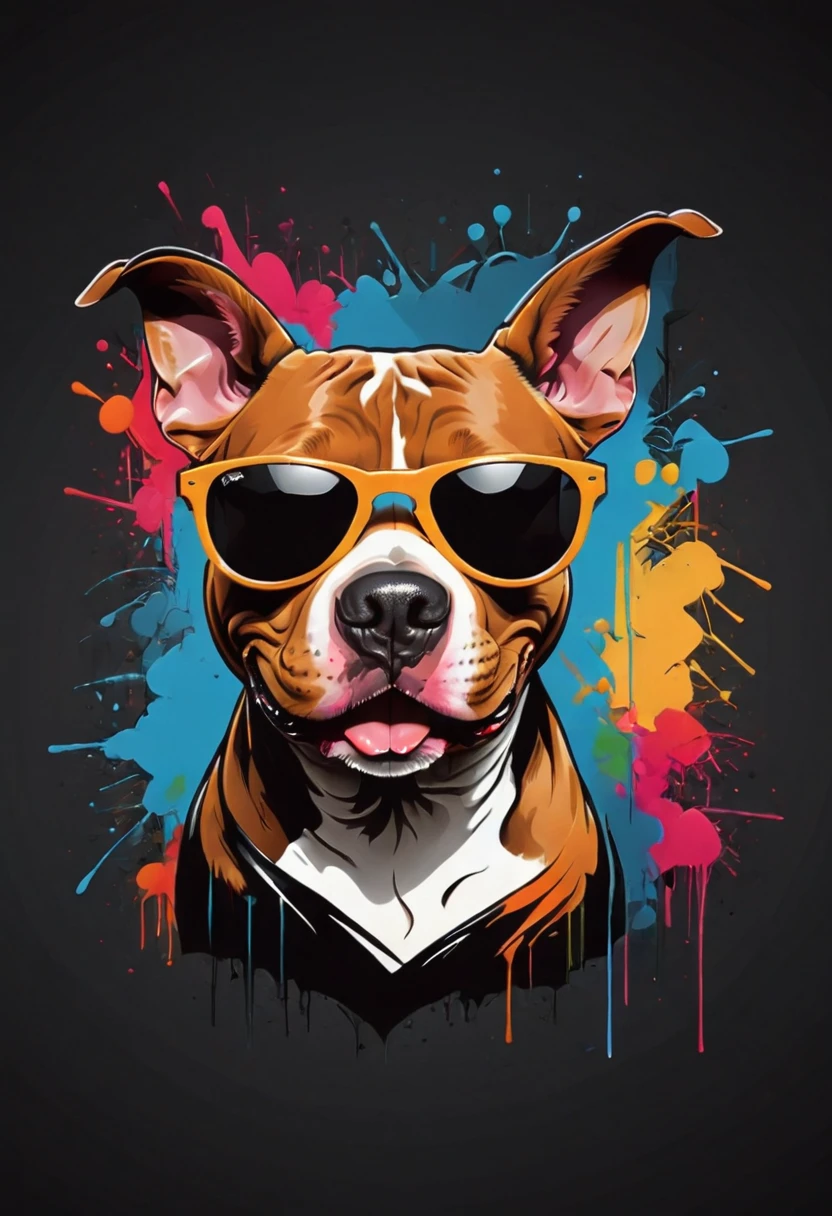 a minimalist design of a playful pitbull in sunglasses, black background, full color, cinematic composition, dramatic atmosphere, detailed, sharp focus, perfect intricate, elegant, creative, innocent, confident, unique, vibrant colors, inspired, beautiful dynamic, amazing, attractive, artistic, best, enhanced, cool, smart, novel, awesome, lucky, romantic <lora:wildlife-sdxl:1> t-shirt_design