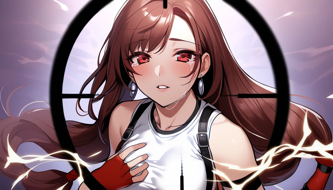 masterpiece, best quality, 1girl, defTifa, hibana, crosshair, crying with eyes open, parted lips, electricity, hand on own chest, red eyes, low-tied long hair, earrings, white crop top, suspenders, arm warmers, red gloves, <lora:hibana-000075:1>, <lora:tifa-xl-nvwls-v1:0.8>