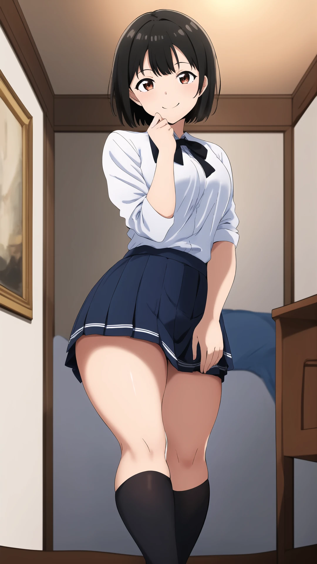 masterpiece, best quality,  official art,  8k wallpaper,  original,  highres,  absurdres,  incredibly_absurdres,  huge_filesize,  wallpaper,  fine_art_parody,  1 girl,  solo,  short hair,  black hair,  smile,  alp_style,  school uniform,  tiny_breasts, room,  bed,  inside,  standing