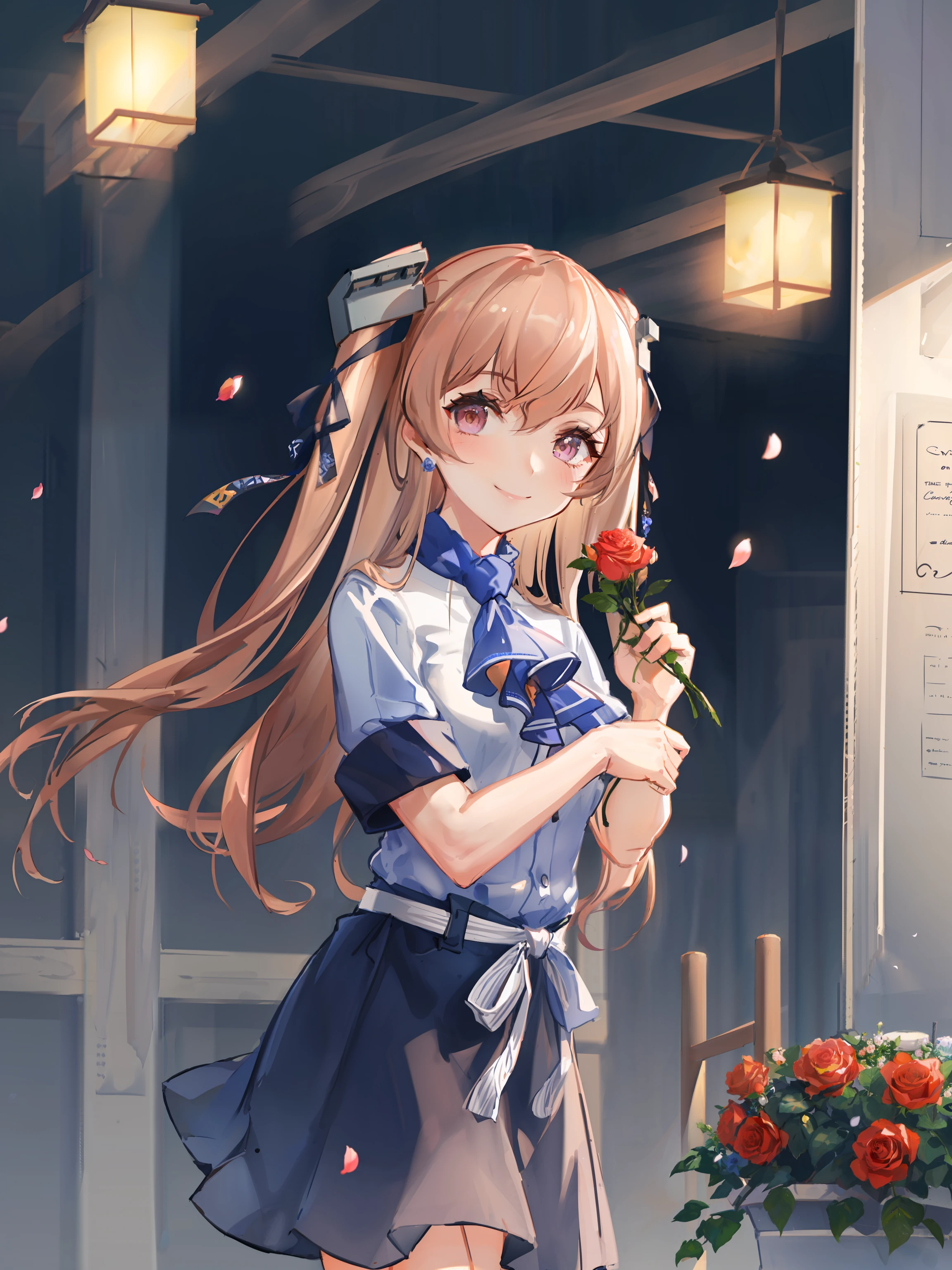 johnston 9 year \(kancolle\), 1girl, solo, shirt, skirt, official alternate costume, white shirt, flower, blue skirt, medium breasts, cowboy shot, ribbon, ascot, petals, breasts, smile, looking at viewer, rose, holding flower, holding, red flower, blouse, short sleeves, original, intricate detail, illustration, masterpiece, extremely detailed CG unity 8k wallpaper, highlight, sharpening, dynamic, <lora:Johnston-6:0.8>,
