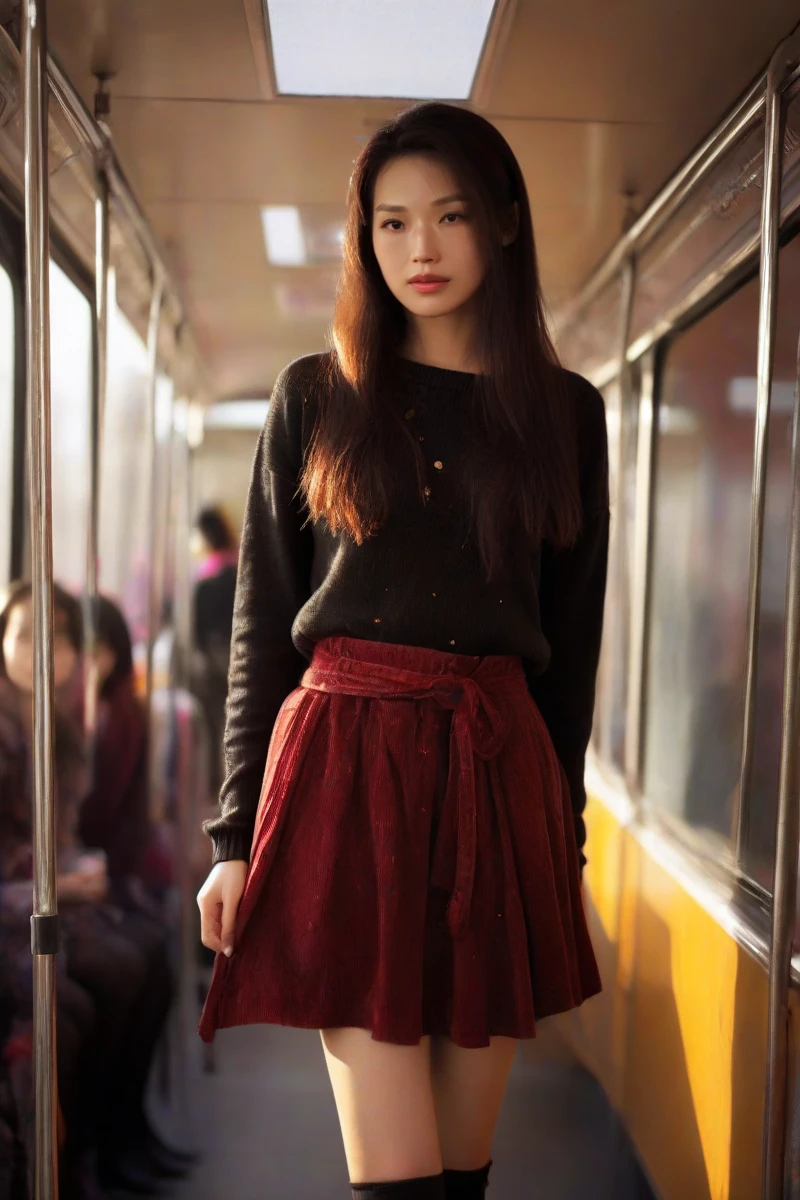 (masterpiece,best quality,ultra high res:1.1),(photo-realistic:1.1),side_light,bokeh,looking at viewer,1girl,18yo,cowboy_shot,beautiful chinese woman,slender face,
(sweat and pure:1.2),enjoy this wet orgasm,
<lora:Shu7_XL_0_:1>,shu7,in a bus,,sunlight through the glass to form a beam,(Cozy_knit_sweater:1.5),(Corduroy_skirt:1.4),(Knee-high_boots:1.3)ï¼witch costume, pointed hat, flowing robes, Halloween gathering ,